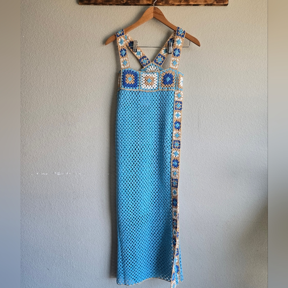 REVOLVE Sky Blue Crochet Maxi Dress with Multicolor Mosaic Trim - Picture 7 of 10